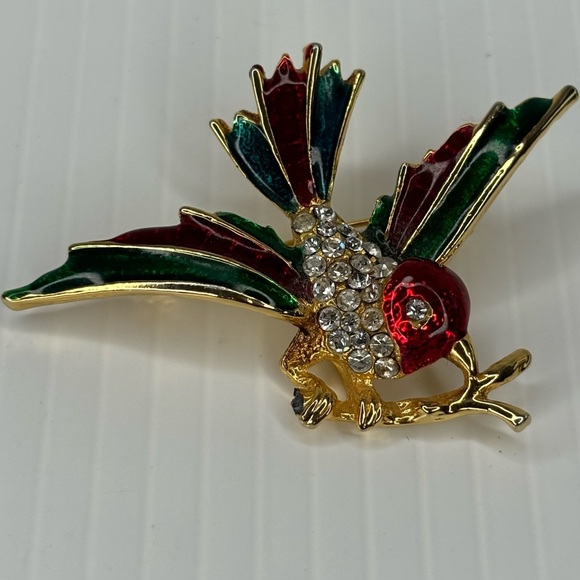 Vintage Bird on Branch Brooch Enamel Green Red Gold Tone Rhinestone Signed - Picture 9 of 10
